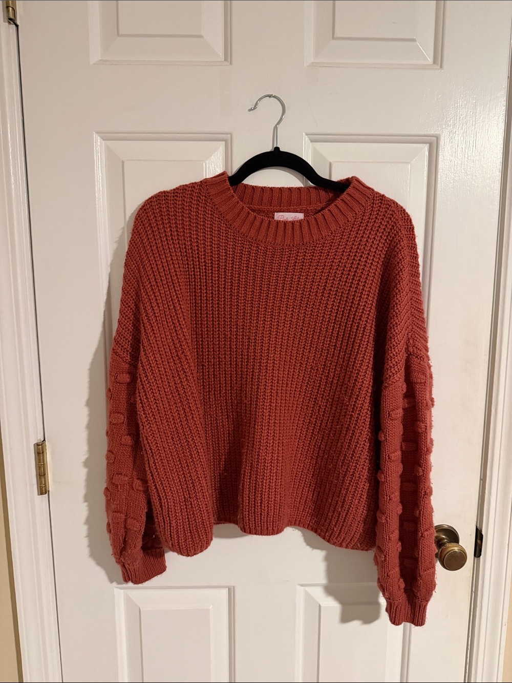 Pink Lily Rust Crewneck Sweater with Bobble Sleeve Detail